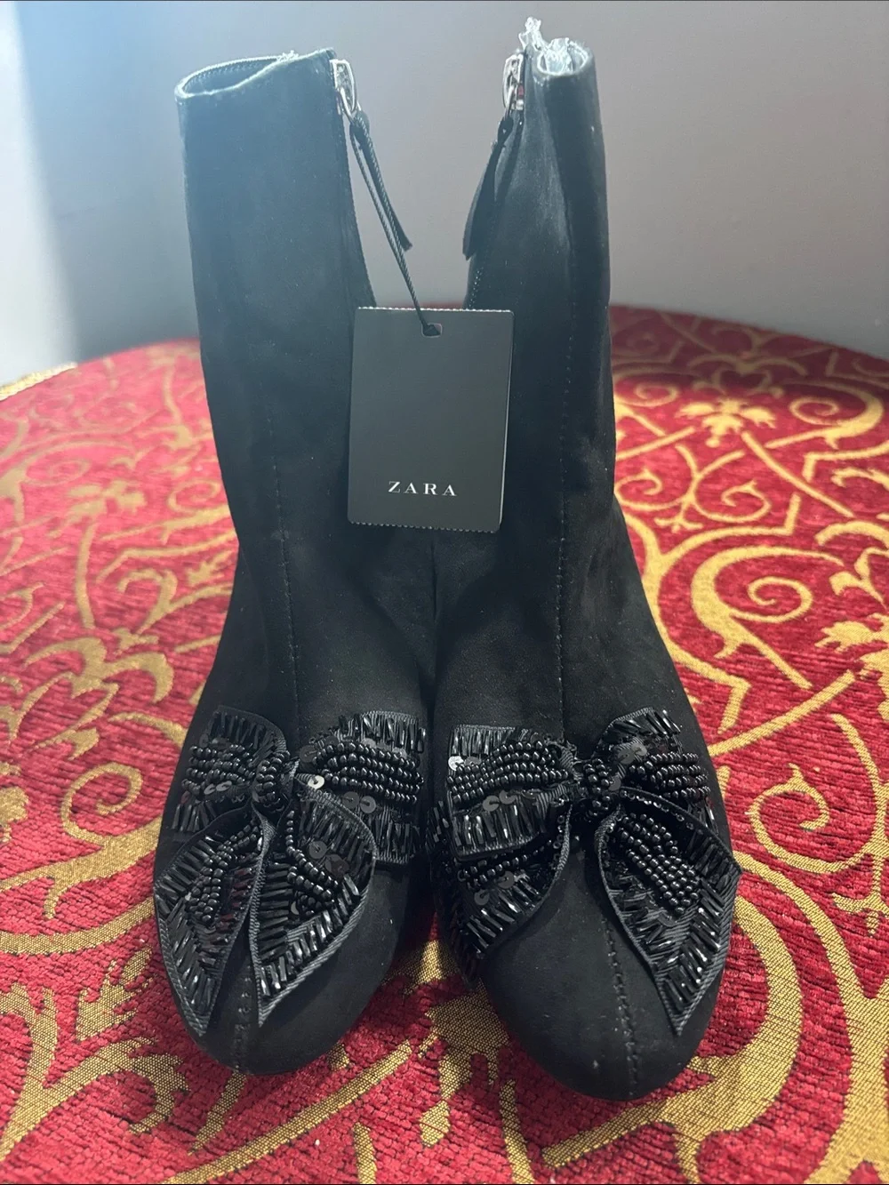 Zara Black Beaded Pointed Toe Ankle Booties